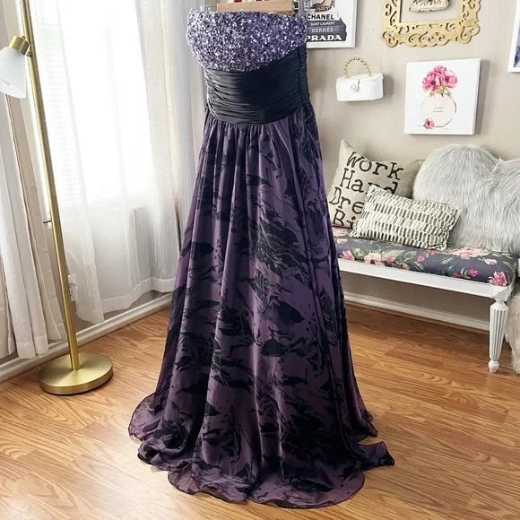 Jovani black purple sequin gem flowing prom formal gown dress size 10